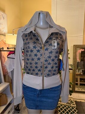 BLUE RIOT X0 Y2K Star Print Zip Up Hoodie Jacket Beige Tan Size M NWT